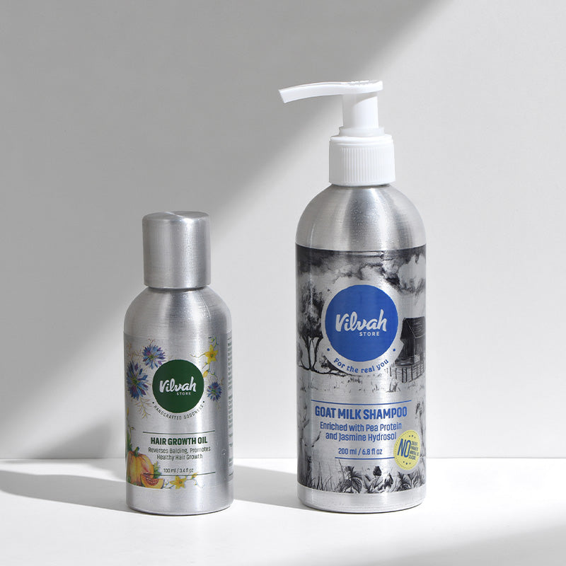 Vilvah's hair strengthening combo - hair growth oil and goat milk shampoo