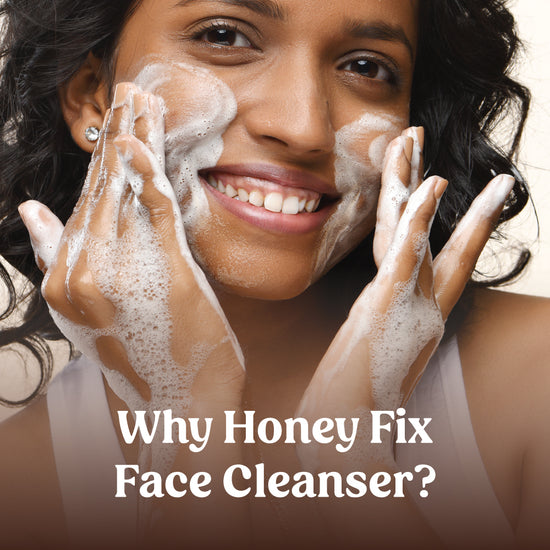 a smiling women using Vilvah's honeyfix face cleanser