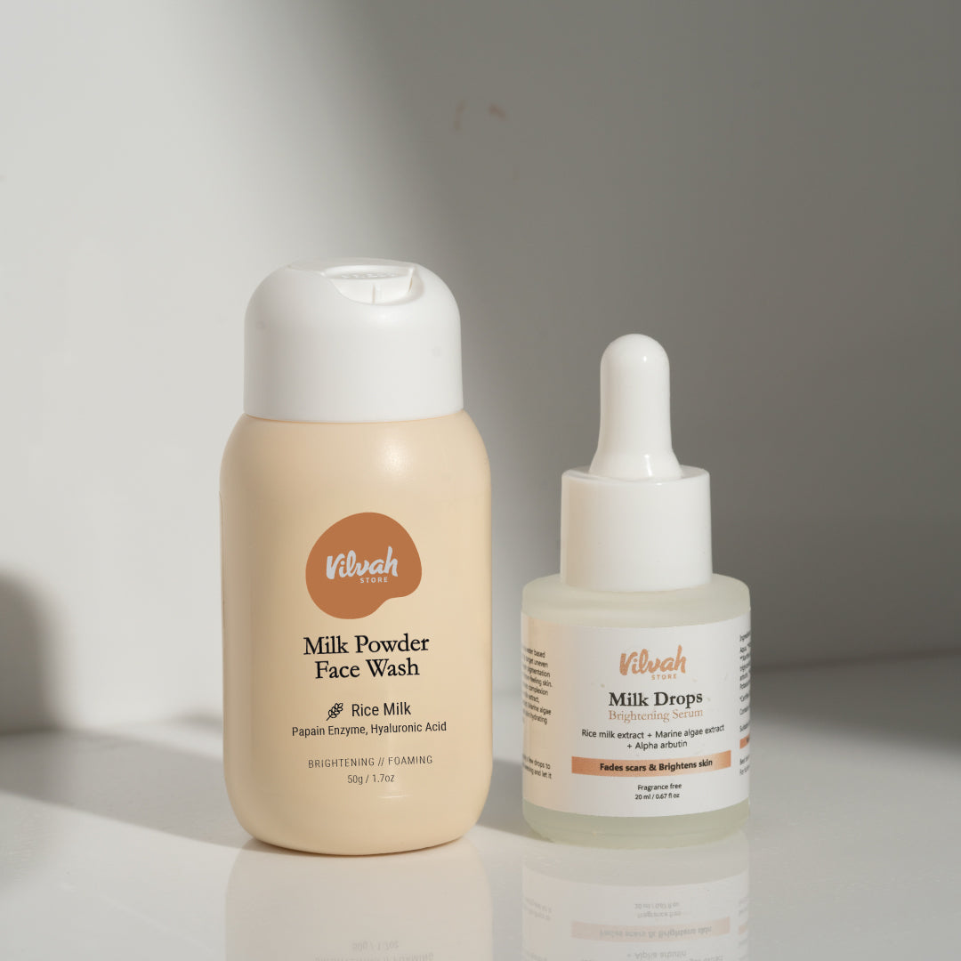 milk powder face wash and milk drops brightening serum - Vilvah