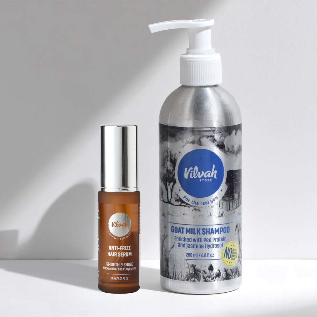 Vilvah goat milk shampoo and Vilvah anti-frizz hair serum