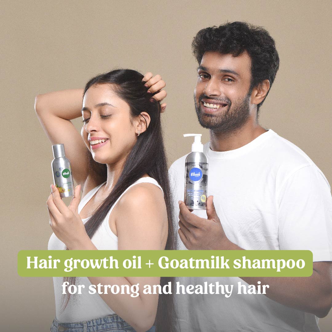 Vilvah's goat milk shampoo and hair growth oil for strengthening hair