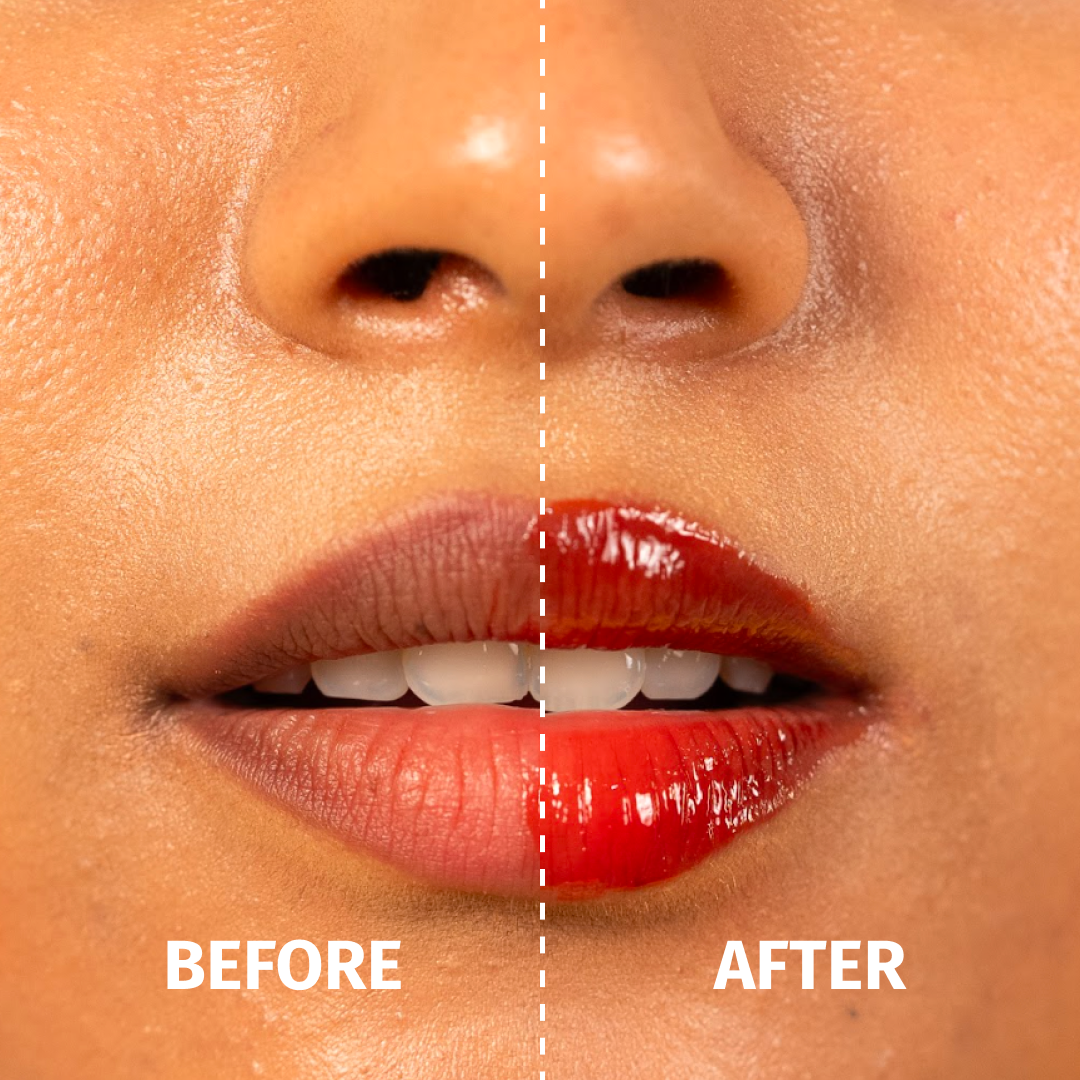 before and after applying mango milk shake tint lip balm
