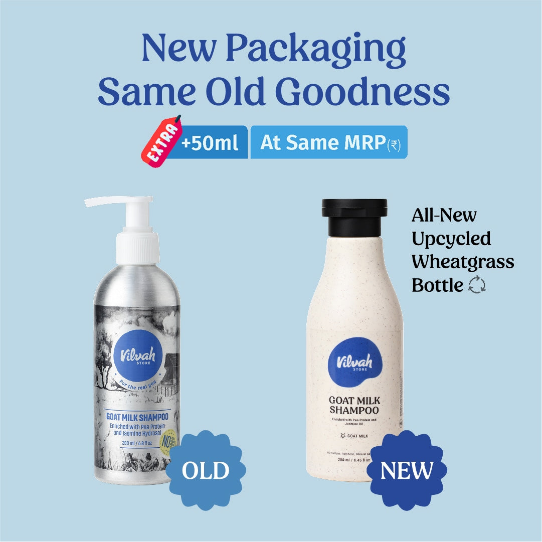 old and new packaging of vilvah goat milk shampoo 250ml
