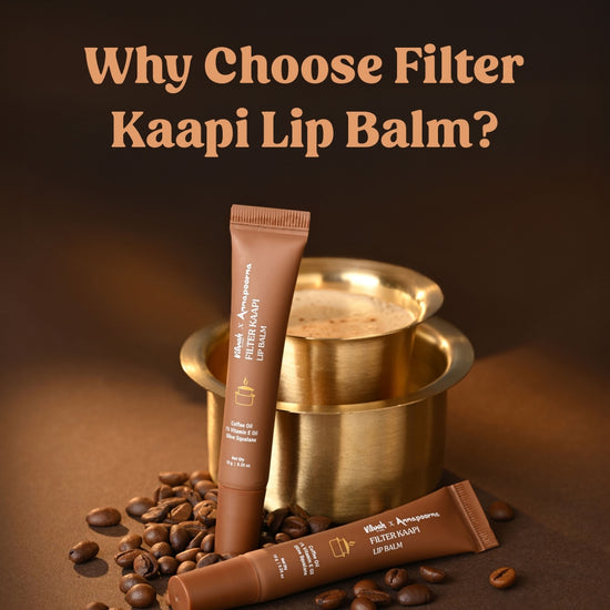 Vilvah x Annapoorna Filter Kaapi Lip Balm with brass coffee tumbler and roasted coffee beans – enriched with coffee oil, Vitamin E, and olive squalane.