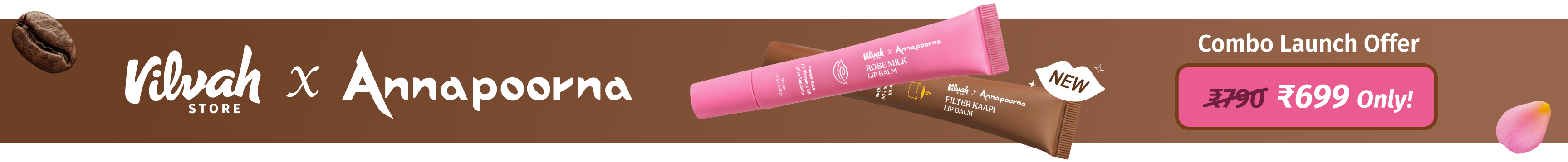 coffee lip balm with coffee beans and rose milk lip balm with rose petals - vilvah x annapoorna