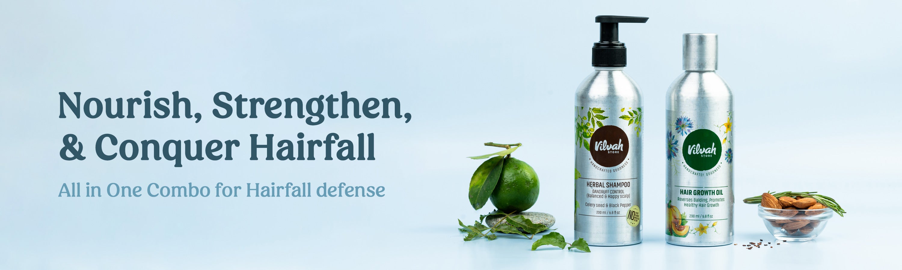 Vilvah's hairfall control combo - herbal shampoo, and hair growth oil with natural ingredients