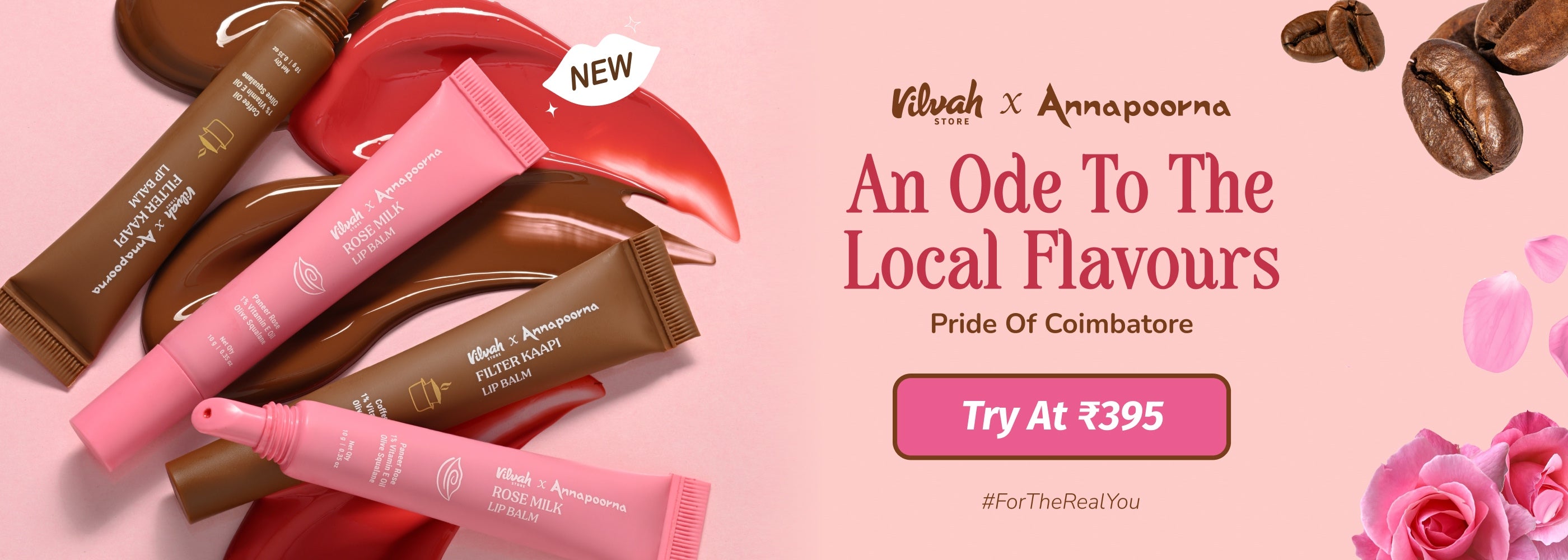 Vilvah and Annapoorna coffee and rose milk tinted lip balms at Rs.395
