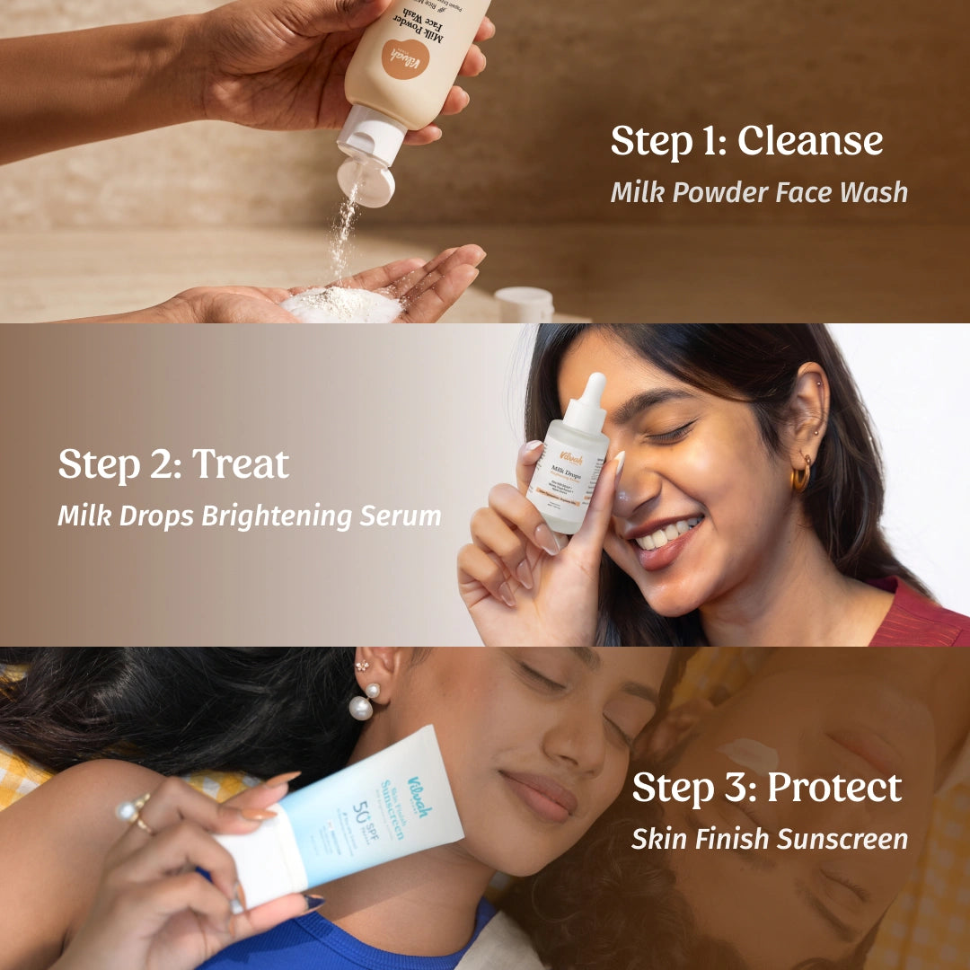 a perfect cleanse, treat and protect routine with Vilvah Milk Drops Serum