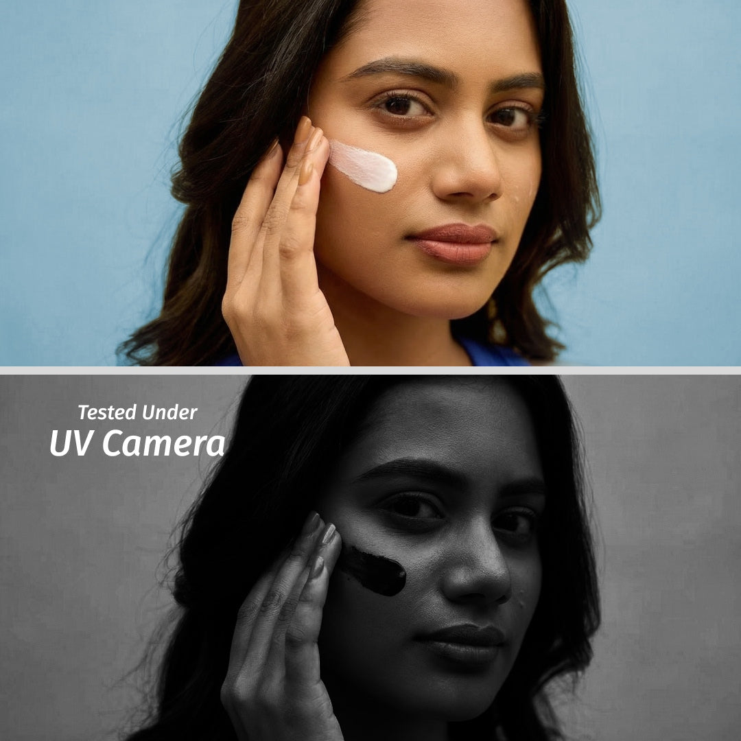 vilvah skin finish sunscreen tested under UV camera