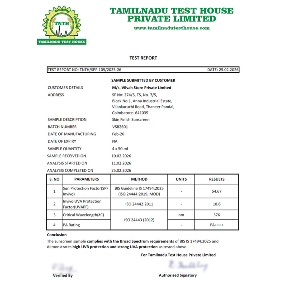 test report of vilvah skin finish sunscreen