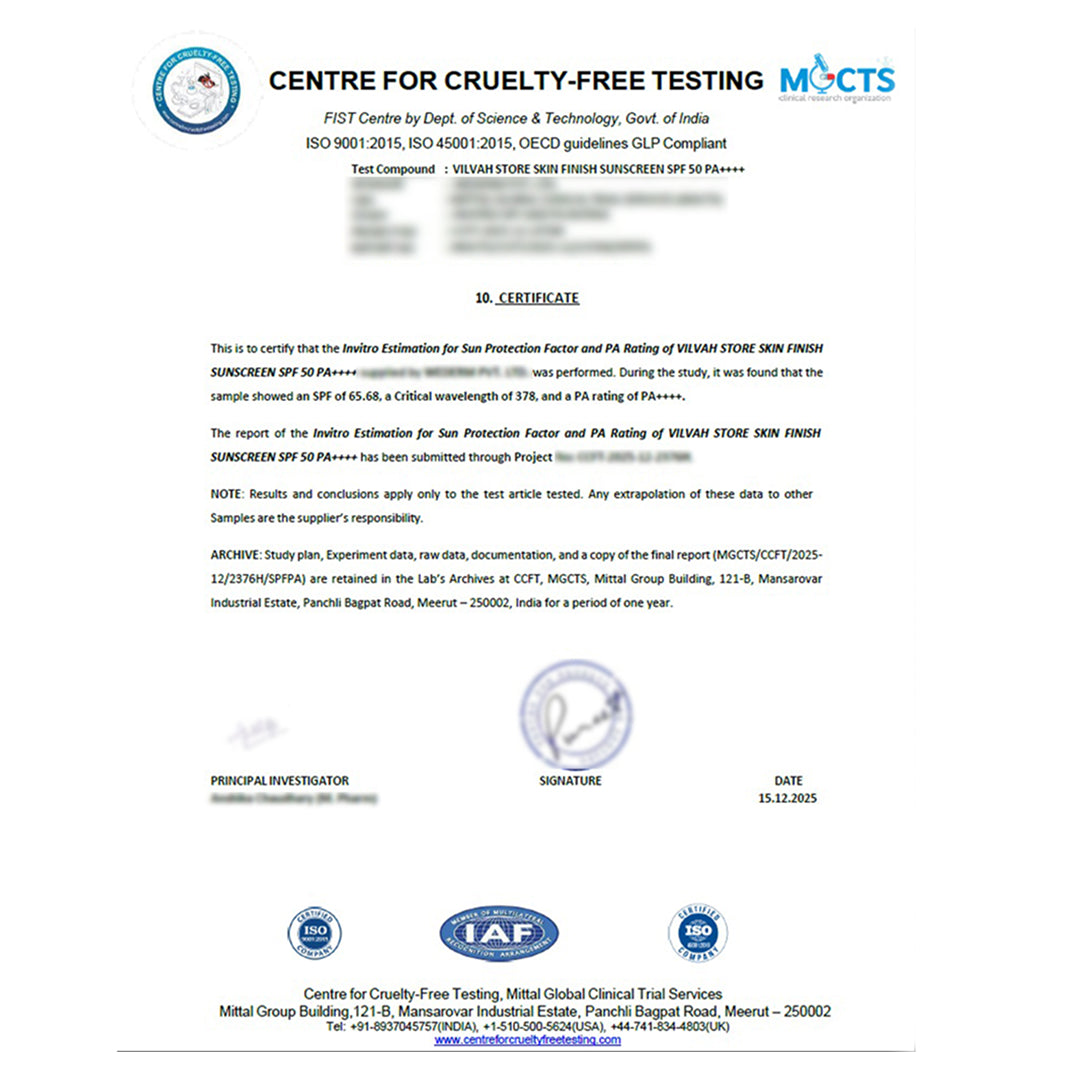 cruelty free testing for vilvah skin finish suncreen spf 50+