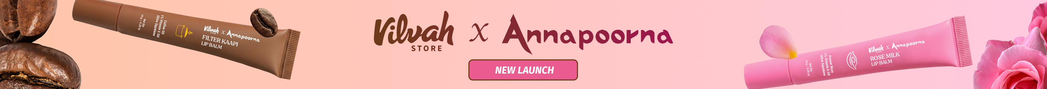 coffee lip balm with coffee beans and rose milk lip balm with rose petals - vilvah x annapoorna