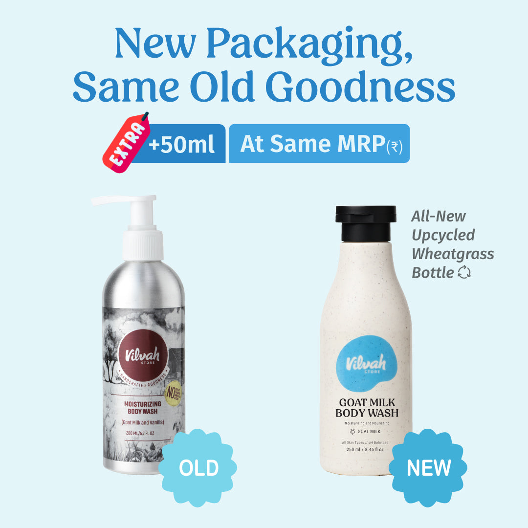new packaging of goat milk body wash - Vilvah