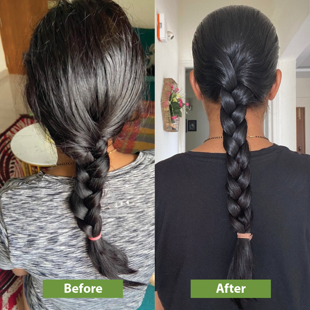 Before and after using Vilvah's hair growth oil
