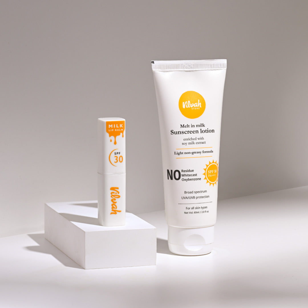 Milk Lip Balm SPF 30 and melt in milk sunscreen SPF 50 - Vilvah