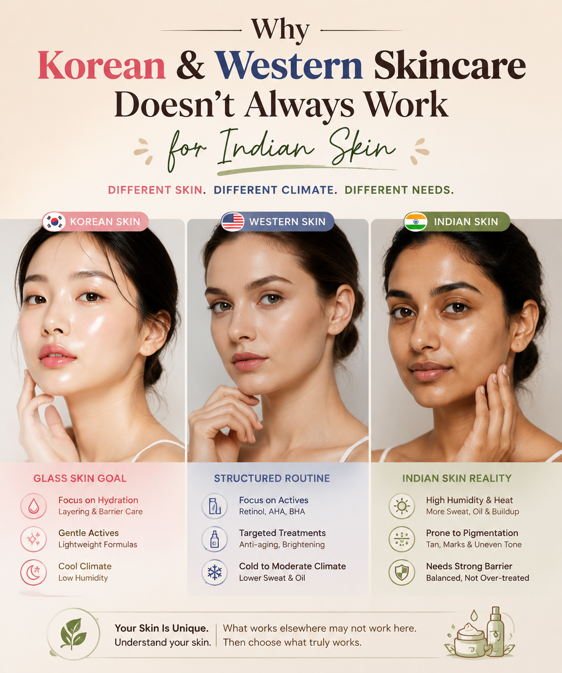 Comparison of Korean, Western, and Indian skincare routines.