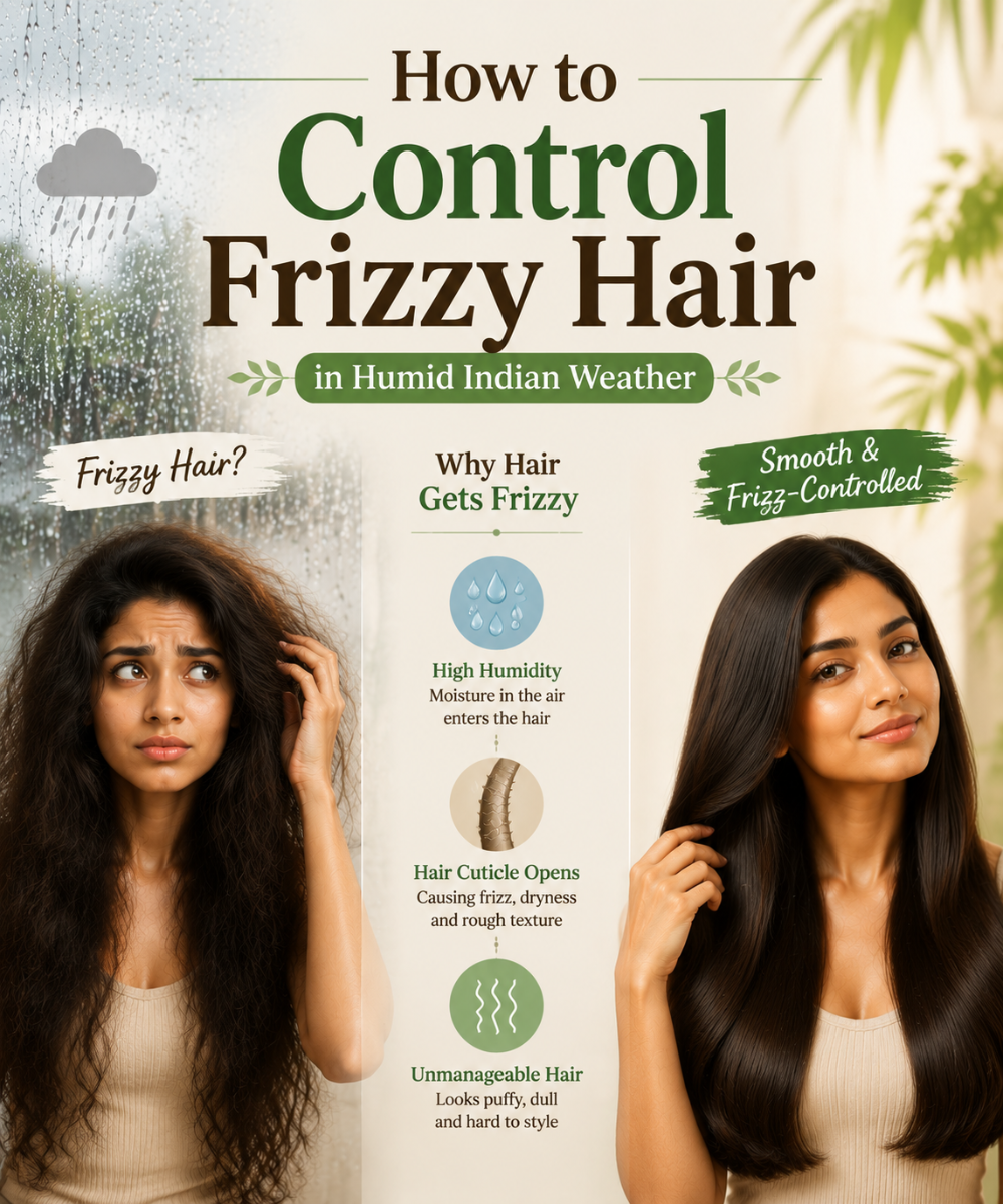 Haircare routine for controlling frizzy hair in humid weather.