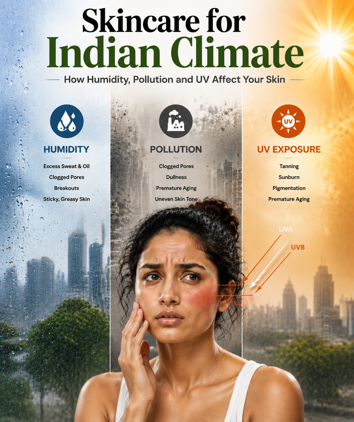 Indian climate with sun, pollution, and humidity affecting skin health.