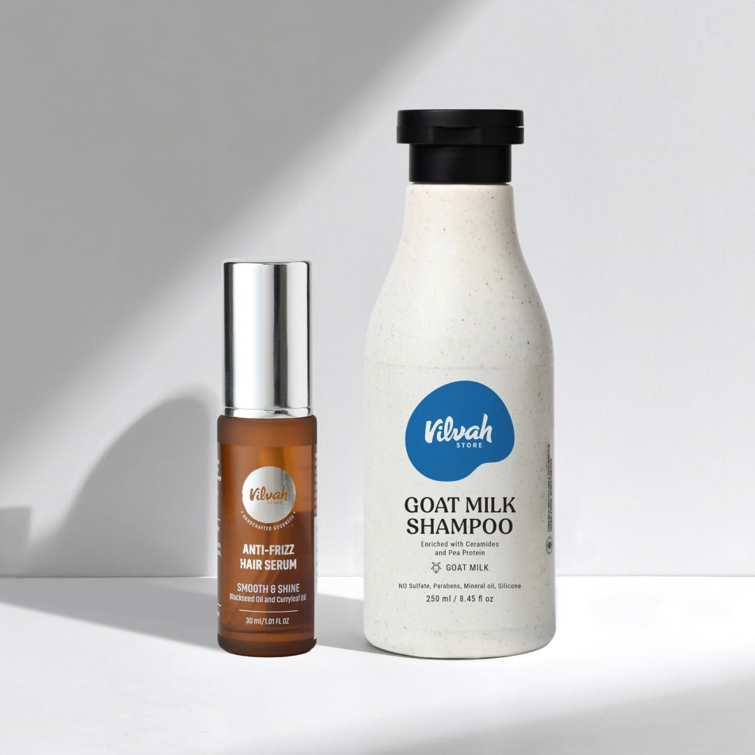Vilvah Anti-frizz hair serum and goat milk shampoo