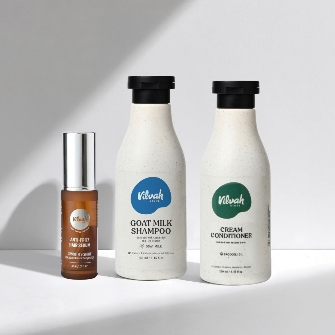 Vilvah Anti-frizz hair serum, goat milk shampoo, and cream conditioner