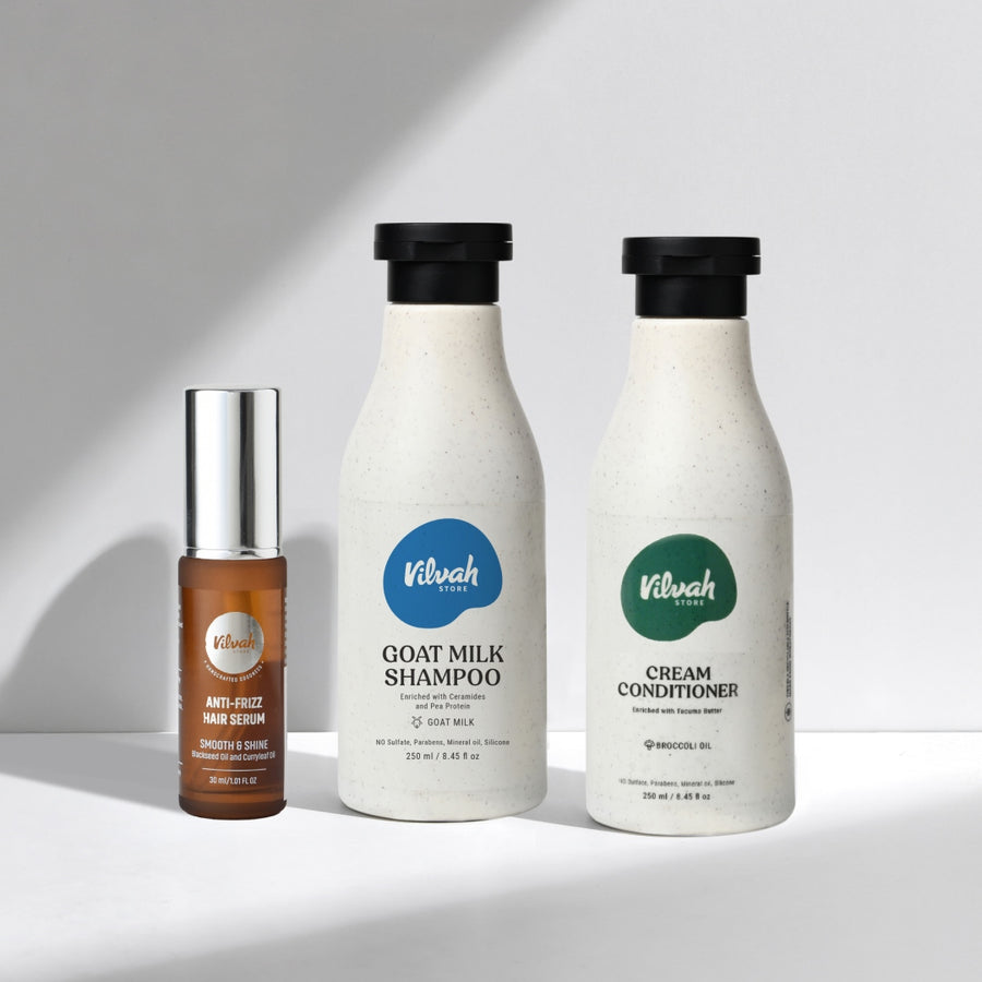 Vilvah Anti-frizz hair serum, goat milk shampoo, and cream conditioner