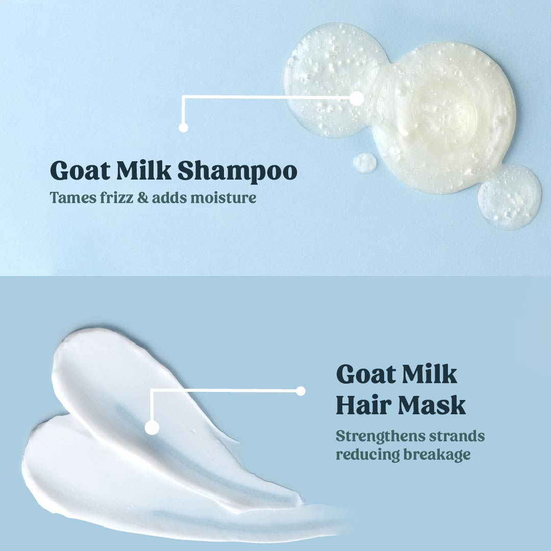 Vilvah's goat milk shampoo and goat milk hair mask to strengthen hair strands