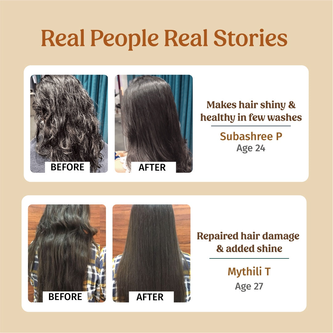 before and after applying Vilvah Shampoo and Hair Serum Combo