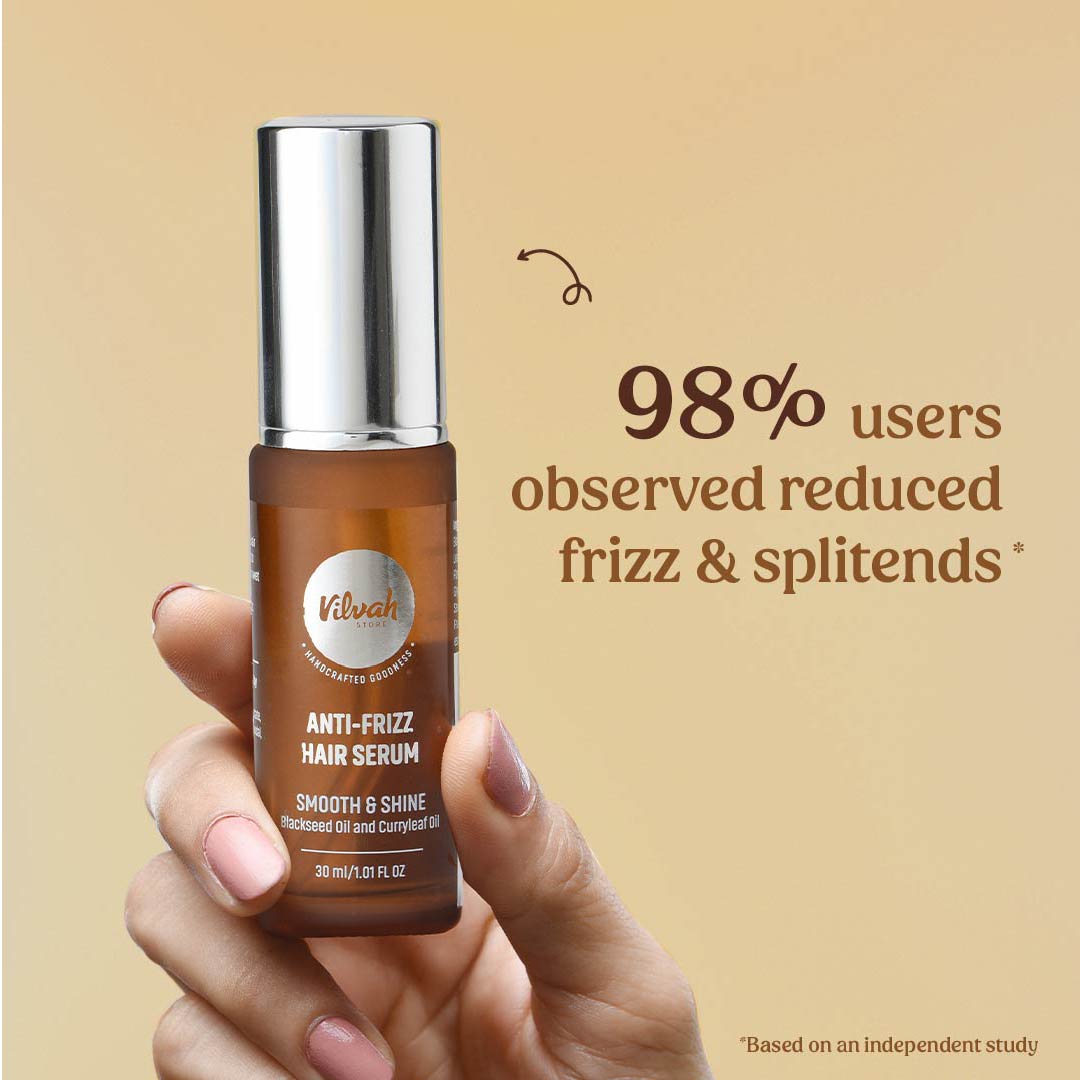 Vilvah's anti-frizz hair serum usage