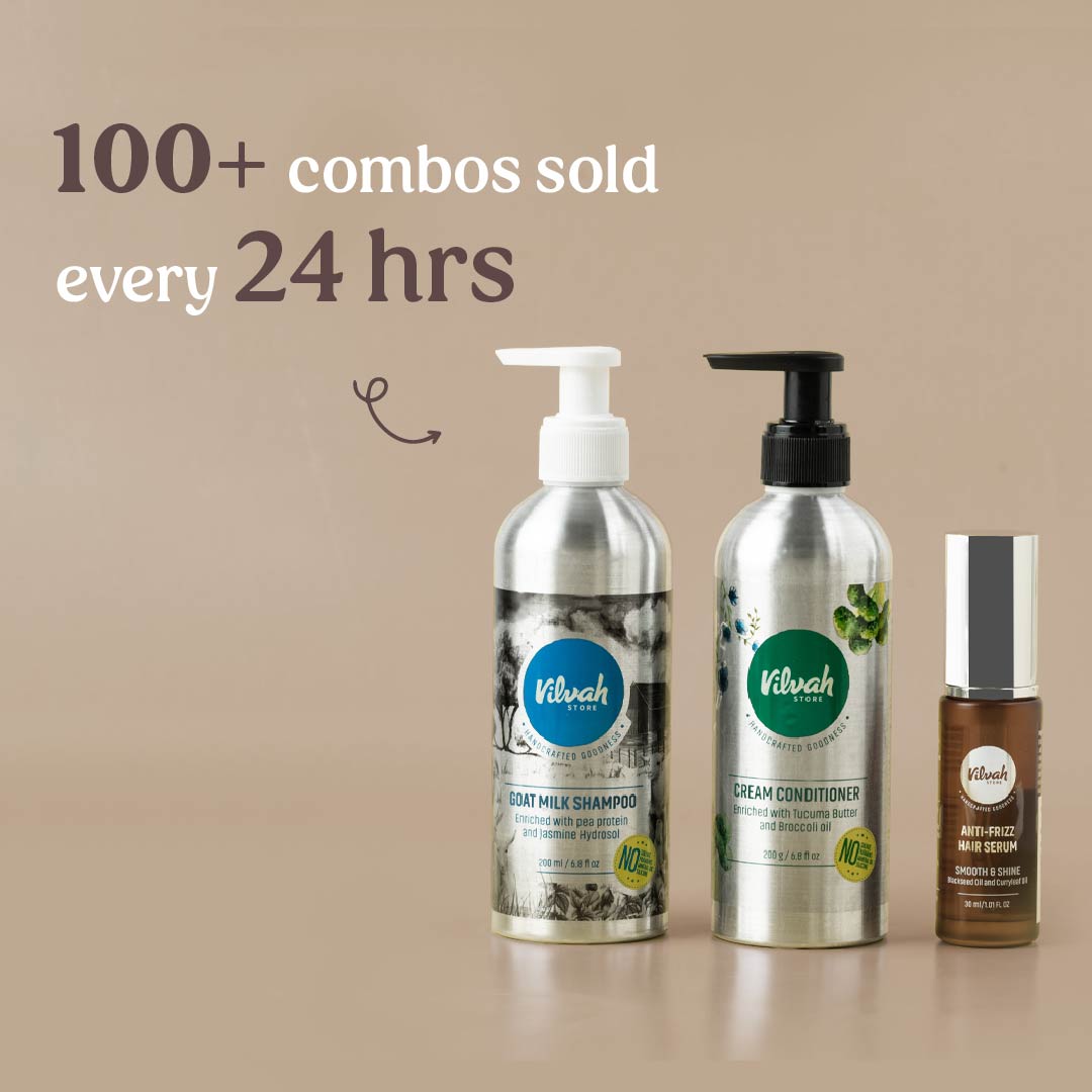 Vilvah's frizz-free hair combo usage