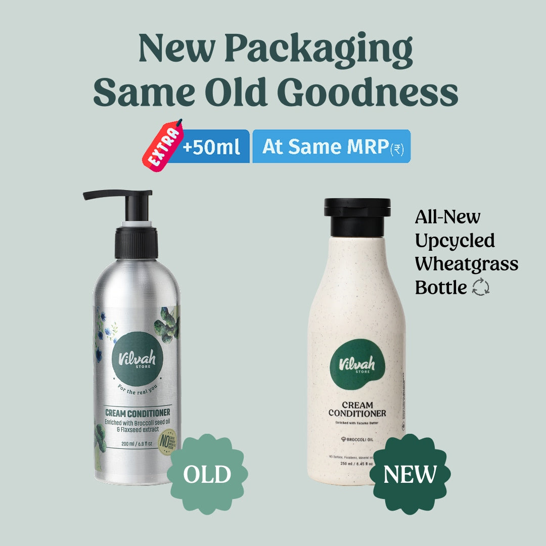 old and new packaging of vilvah cream conditioner