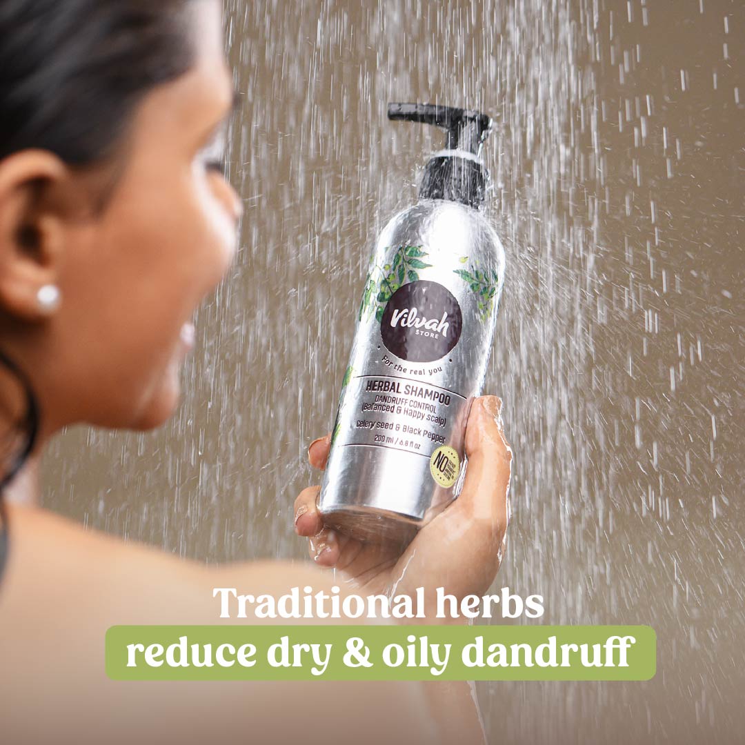 Vilvah's herbal shampoo to reduce dandruff