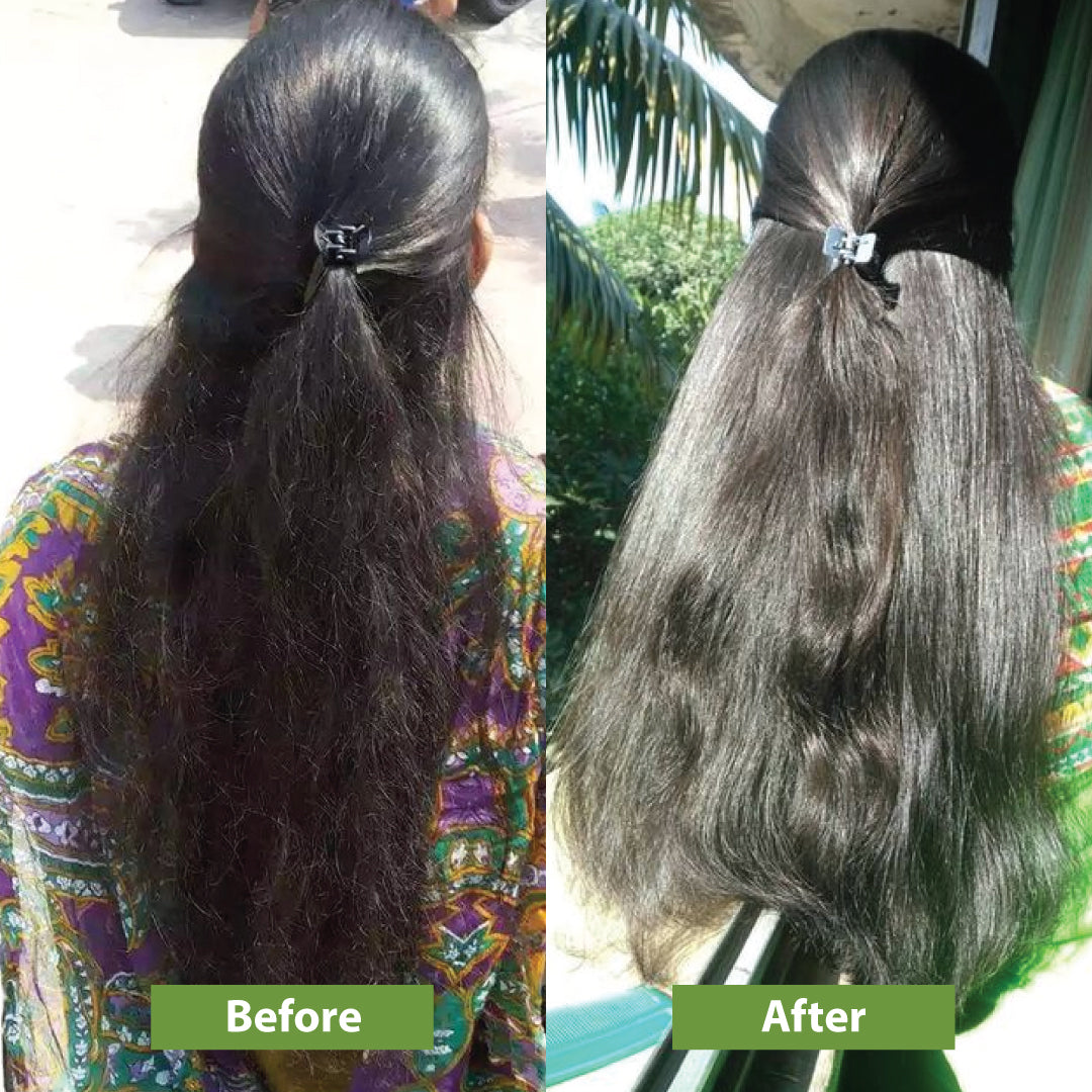 Before and after using Vilvah's frizz free hair combo