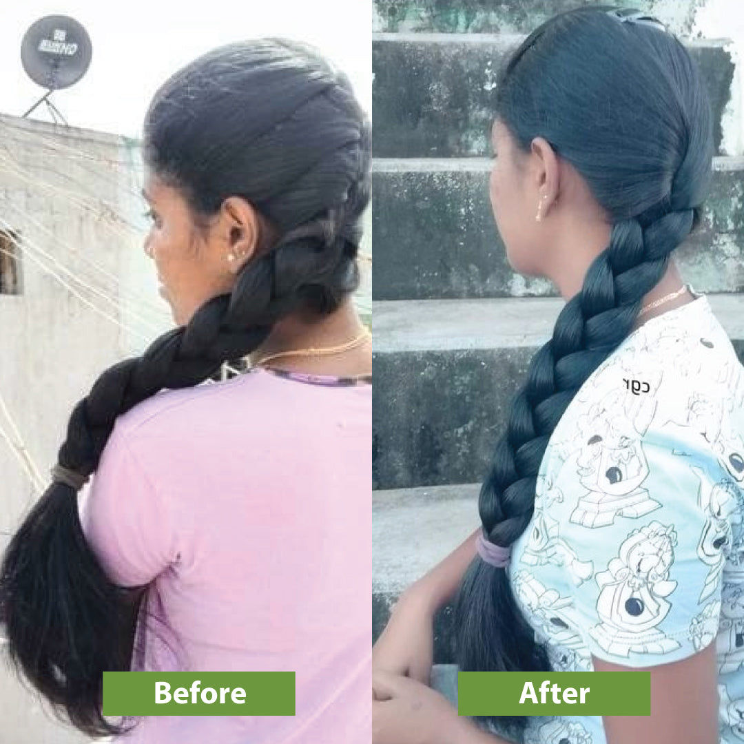 Before and after using Vilvah's hair strengthening combo