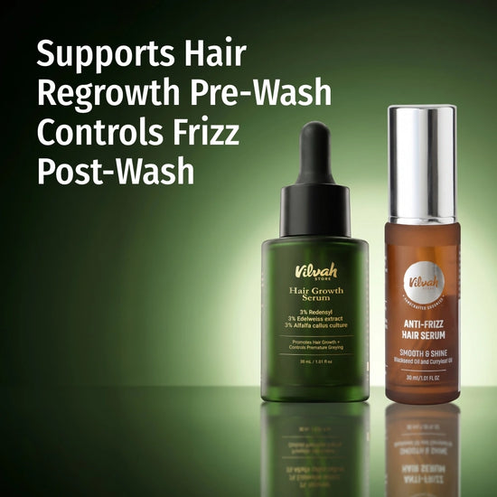 Vilvah Pre & Post-Wash Hair Serum Combo supports Hair Regrowth Pre-wash and controls Frizz Post-wash