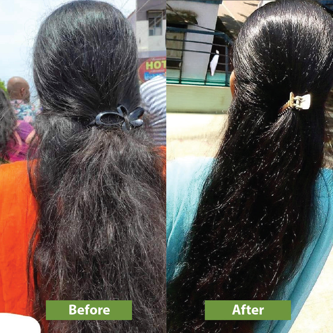 Before and after using Vilvah's goat milk hair combo