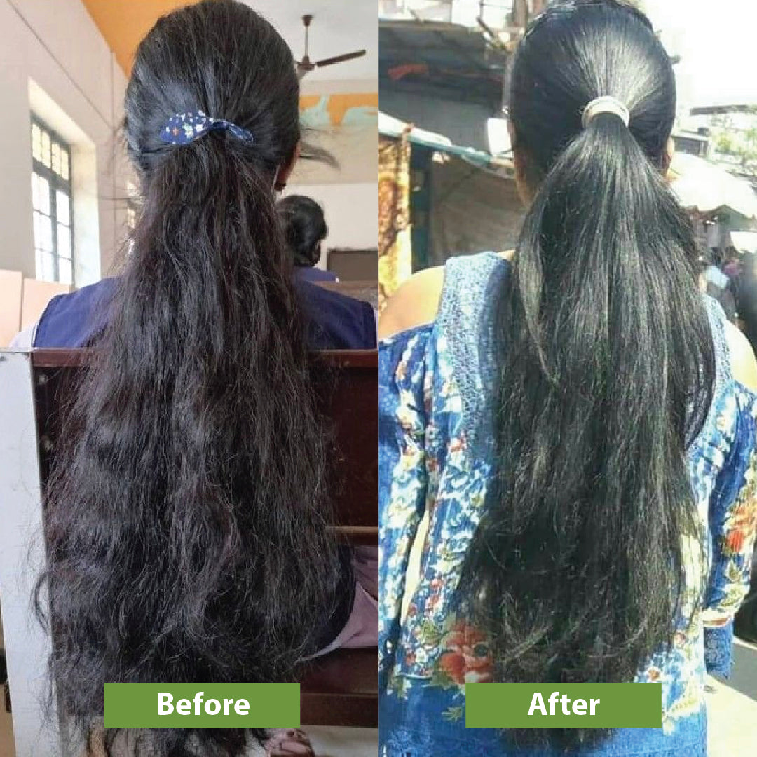 Before and after using Vilvah's anti-frizz hair serum