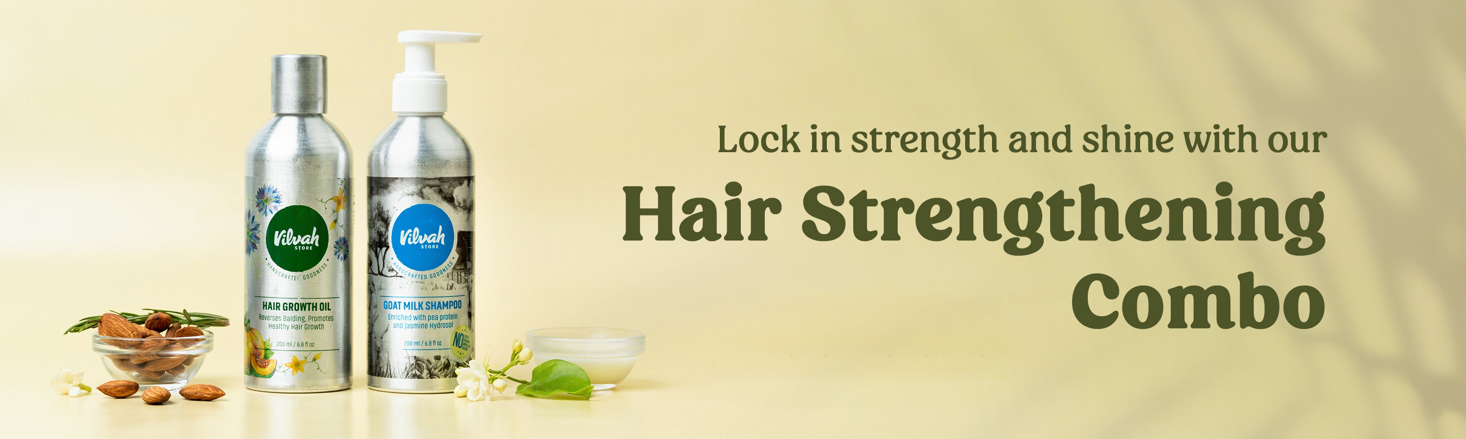 Vilvah's hair strengthening combo - goat milk shampoo and hair growth oil with natural ingredients