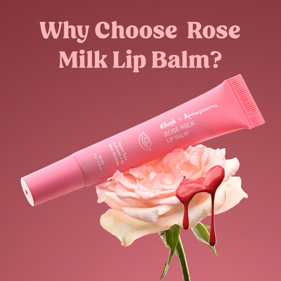 Vilvah x Annapoorna Rose Milk Lip Balm on rose flower with pink glossy tint.