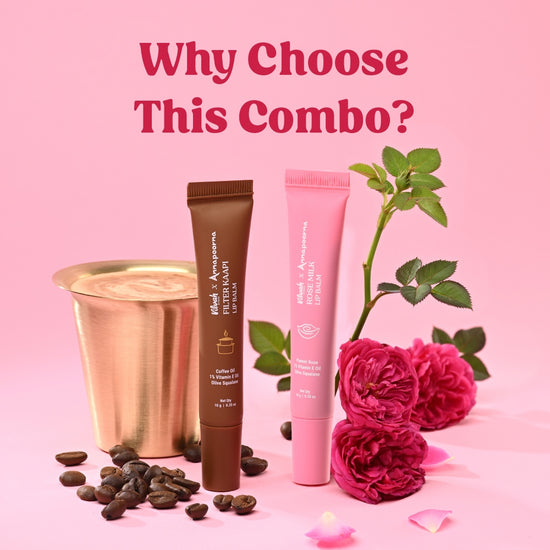 Vilvah x Annapoorna Coffee Lip Balm with Annapoorna Filter Coffee tumbler and coffee beans, and Rose Milk Lip Balm with paneer roses and petals