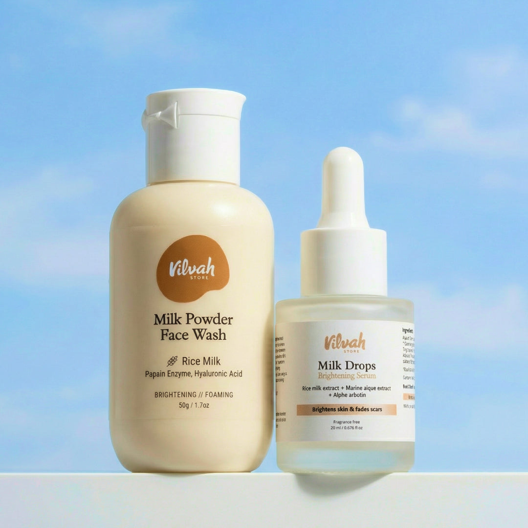 Vilvah Face Brightening Combo - Milk Powder Face Wash and Milk Drops Brightening Serum