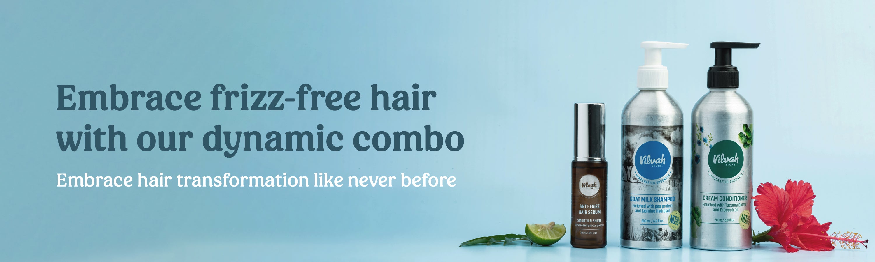 Vilvah's frizz free hair combo - goat milk shampoo, cream conditioner, and anti frizz hair serum with natural ingredients