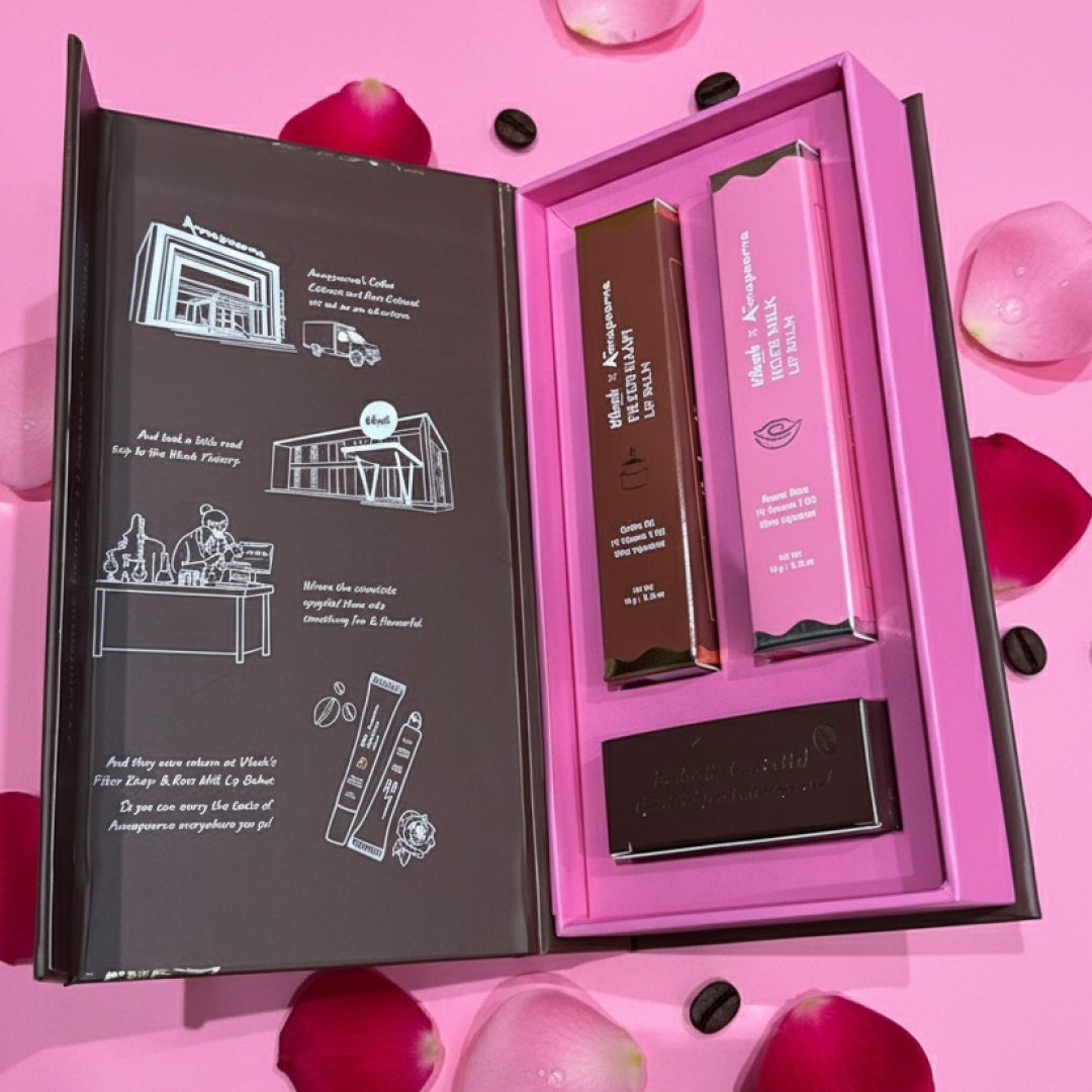 Vilvah x Annapoorna Tinted Coffee and Rose Milk Lip Balm Gift Box with Coffee Beans