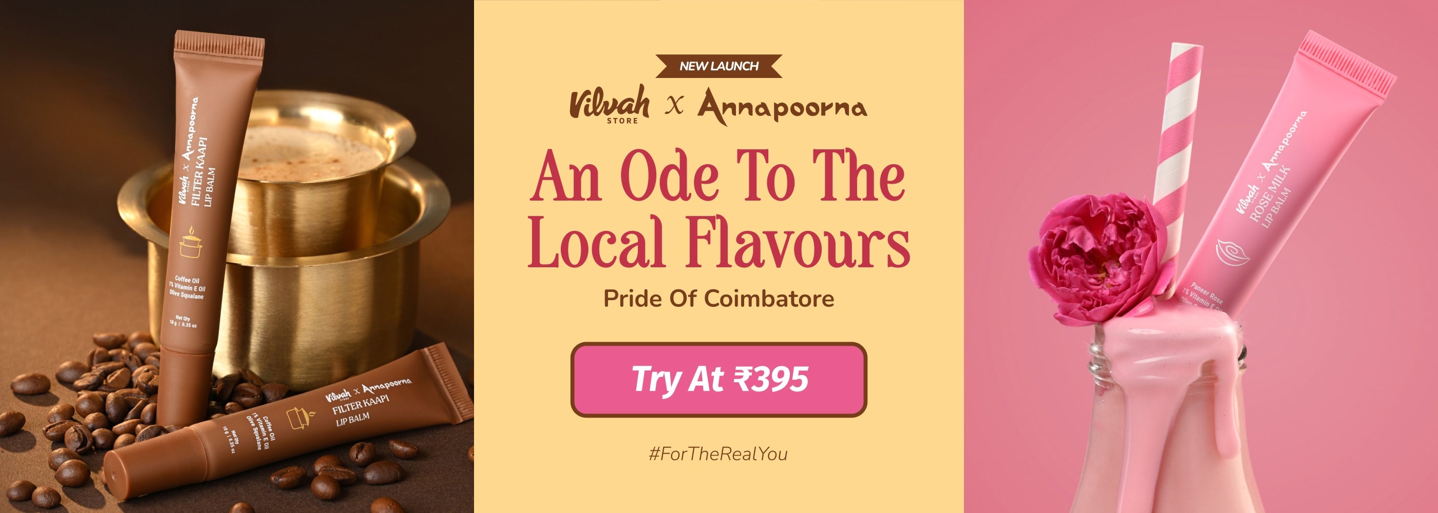 Vilvah and annapoorna tinted coffee and rose milk lip balms at Rs.395