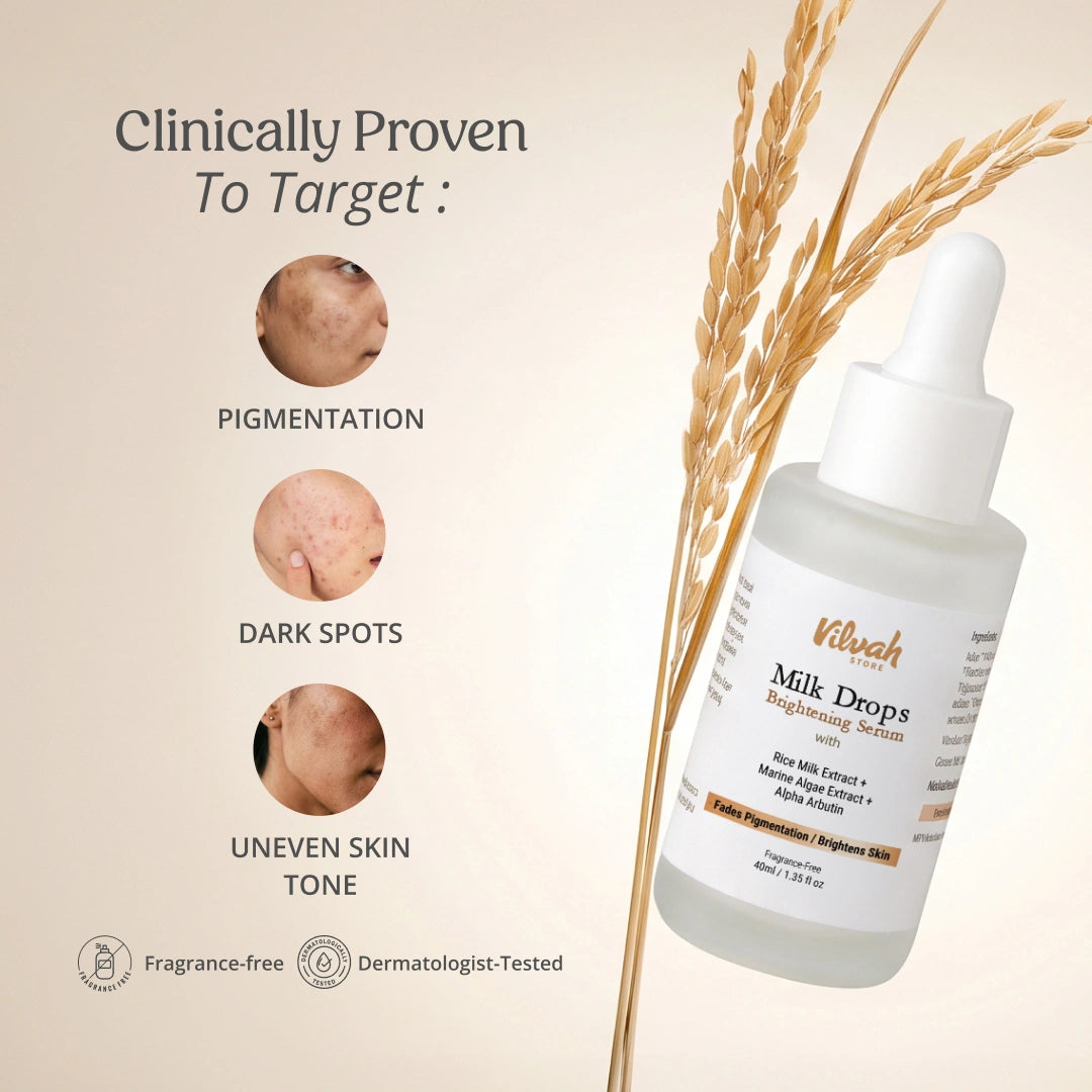 Vilvah Milk Drops Serum targets pigmentation, dark spots, and uneven skin tone