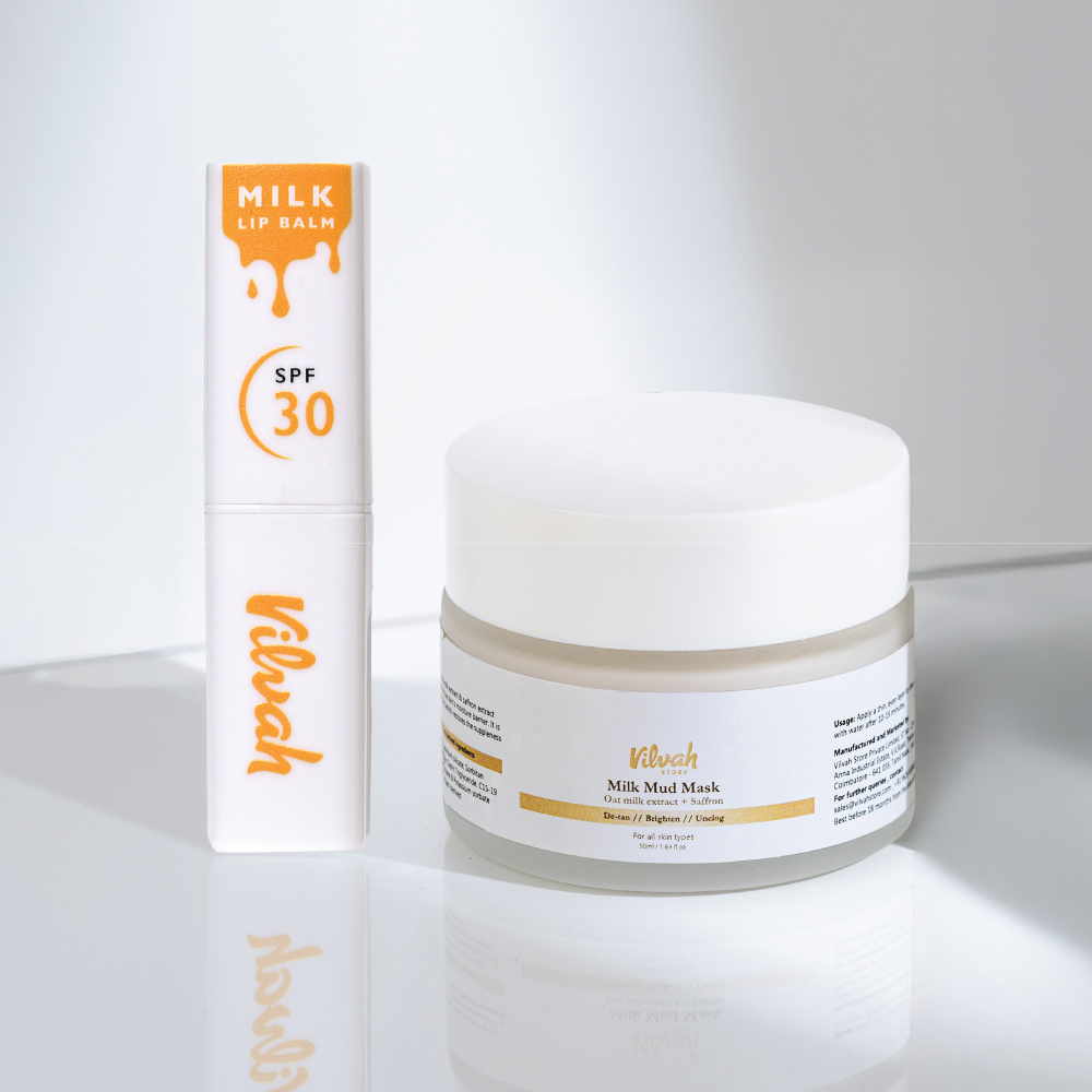 milk lip balm SPF 30 and milk mud mask - Vilvah