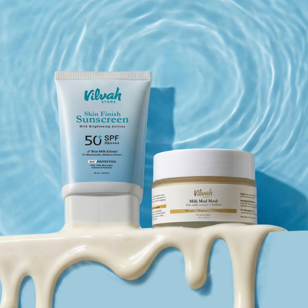 vilvah tan protection combo - skin finish sunscreen spf50+ and milk mud mask