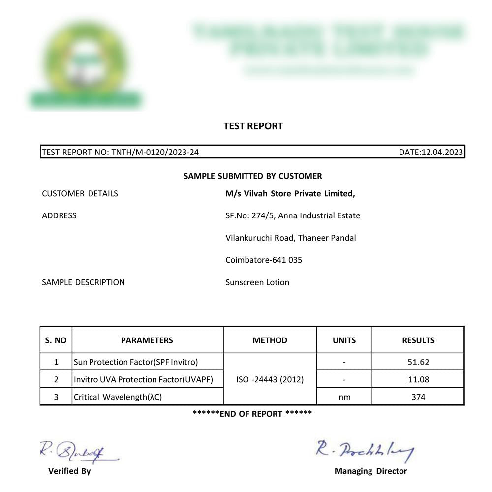 Vilvah's sunscreen lotion test report