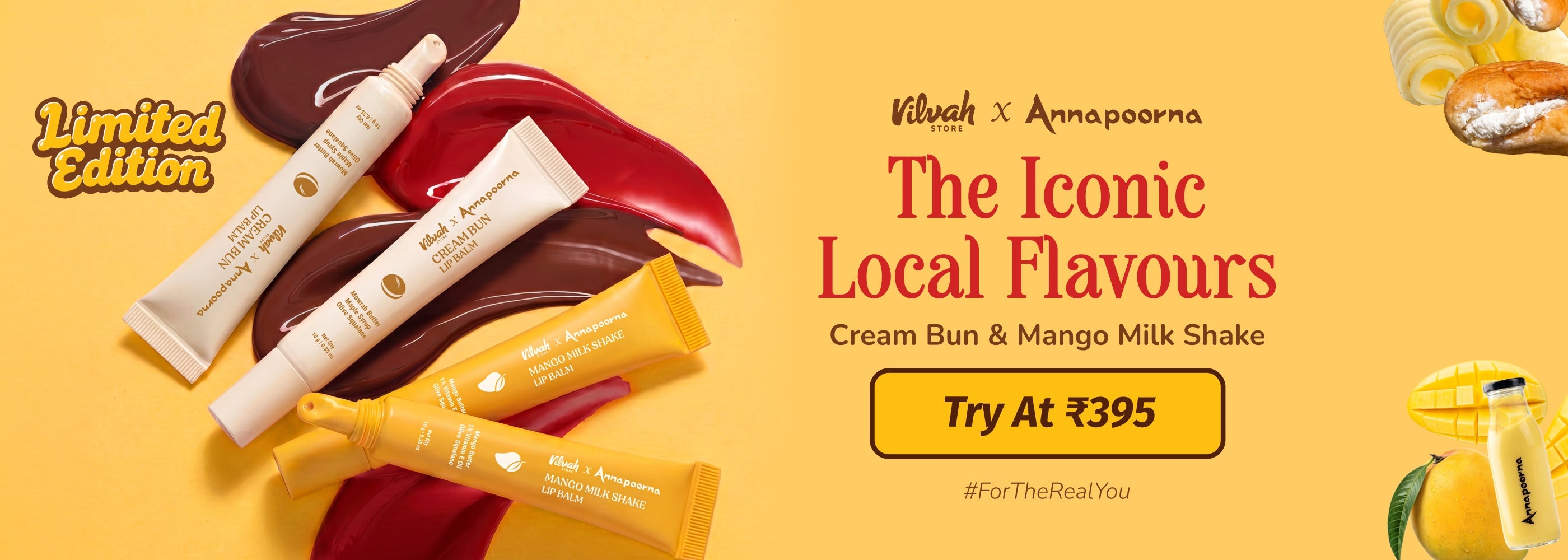 vilvah x annapoorna cream bun and mango milk shake lip balms